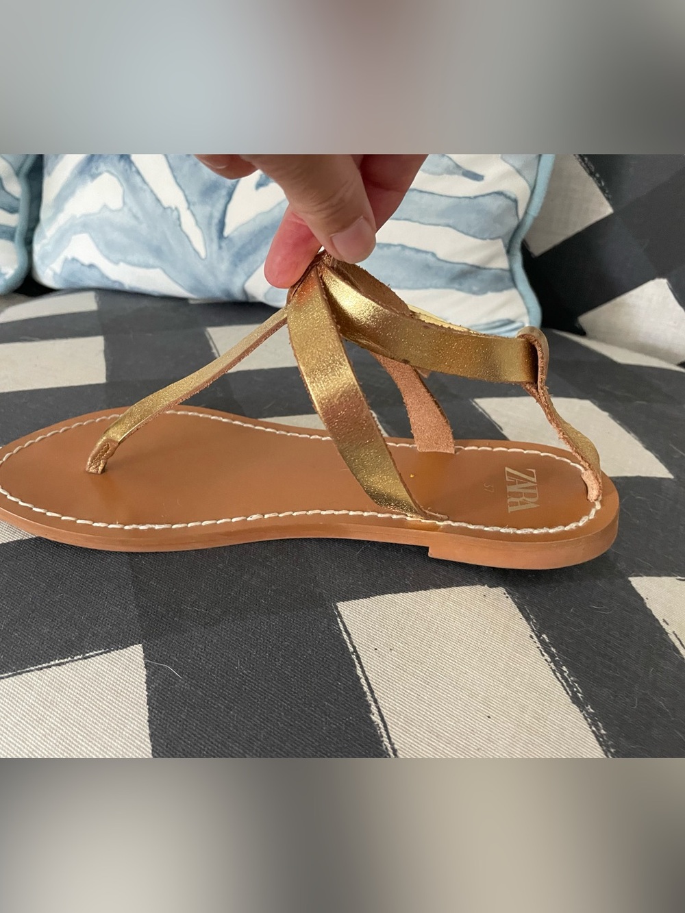 Zara Metallic Gold Leather Flat Sandals